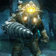 A screenshot of a large man in a armored diving suit carrying a little girl on his back with glowing eyes.